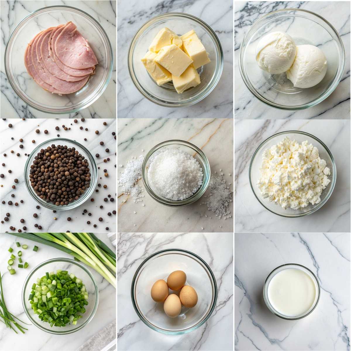 Easy Ham and Cheese Egg Cups 10 Grid collage of fresh ingredients for Ham and Cheese Egg Cups, featuring deli ham, eggs, cheese, milk, green onions, and seasonings in glass bowls