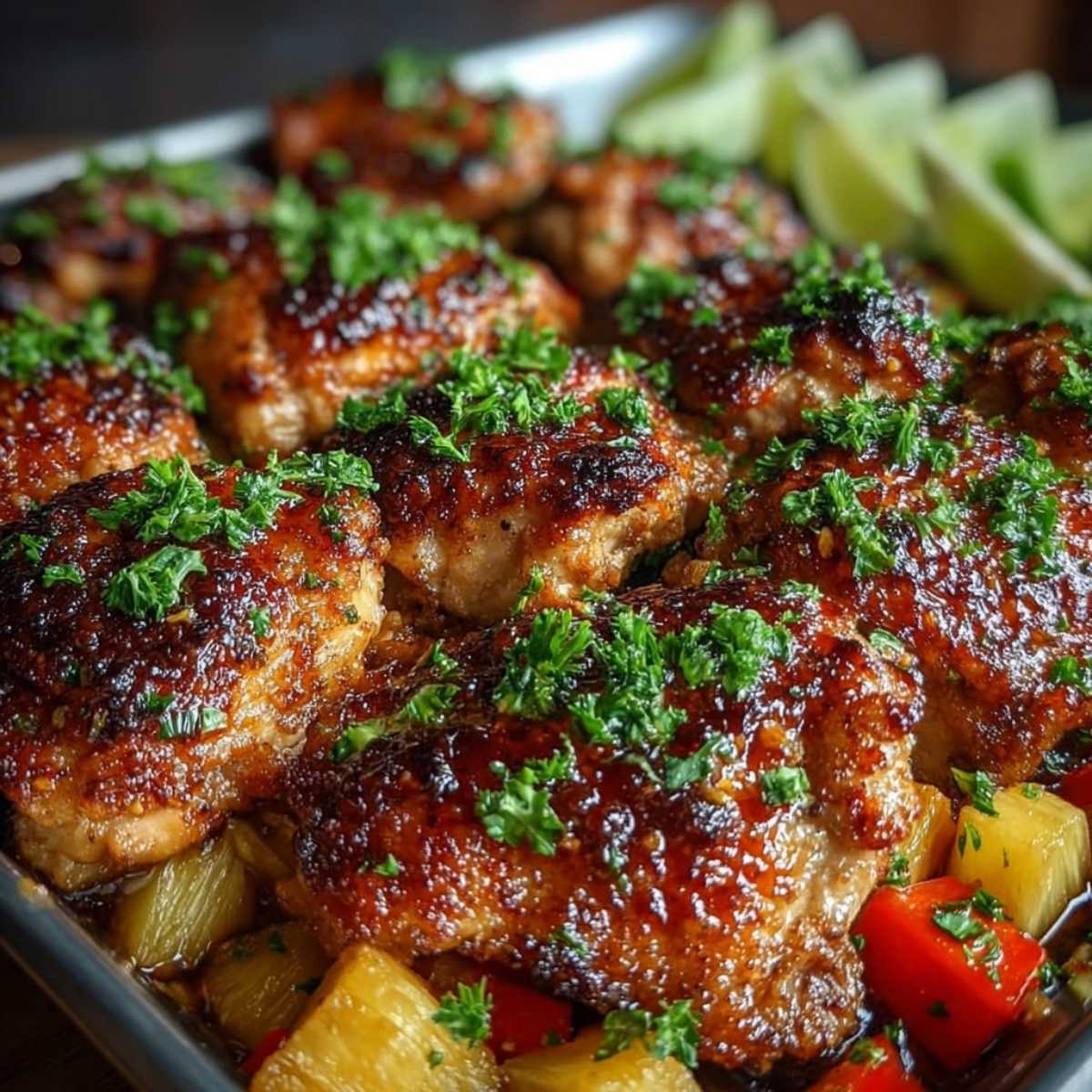 Easy Hawaiian Chicken Sheet Pan 10 Close-up of Hawaiian Chicken Sheet Pan showing crispy glazed chicken, caramelized pineapple, and red peppers garnished with herbs.