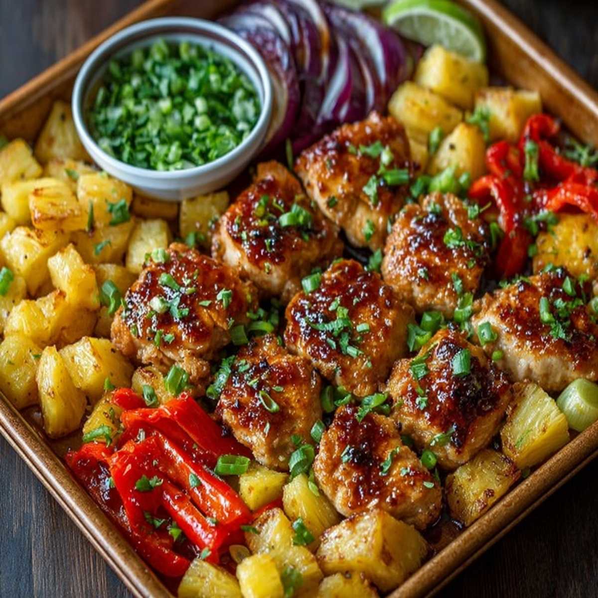 Easy Hawaiian Chicken Sheet Pan 9 Hawaiian Chicken Sheet Pan on a modern marble surface, showcasing caramelized pineapple, red peppers, and glazed chicken pieces.