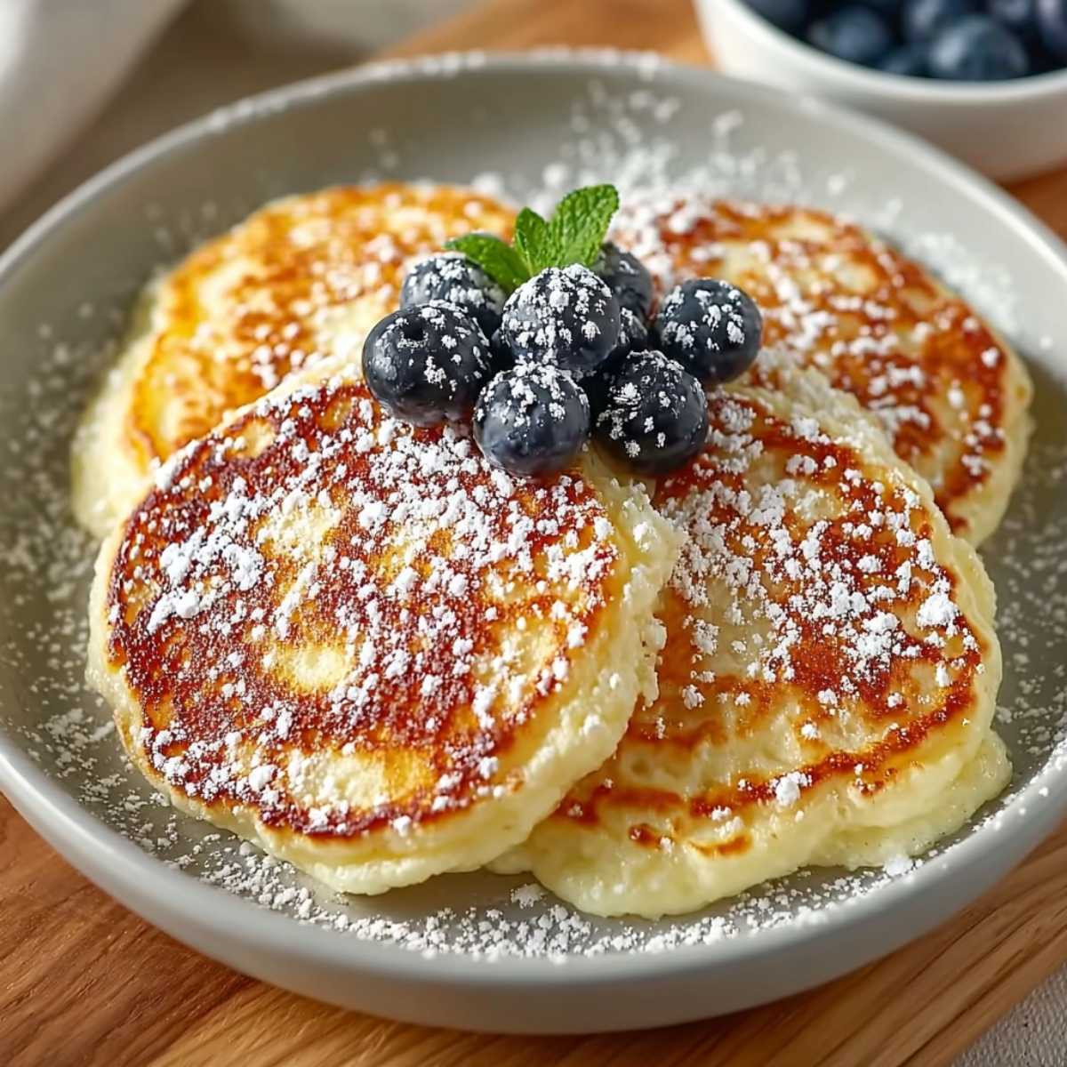 Stack of High Protein Quark Taler pancakes topped with fresh blueberries, powdered sugar, and a mint sprig on a grey plate