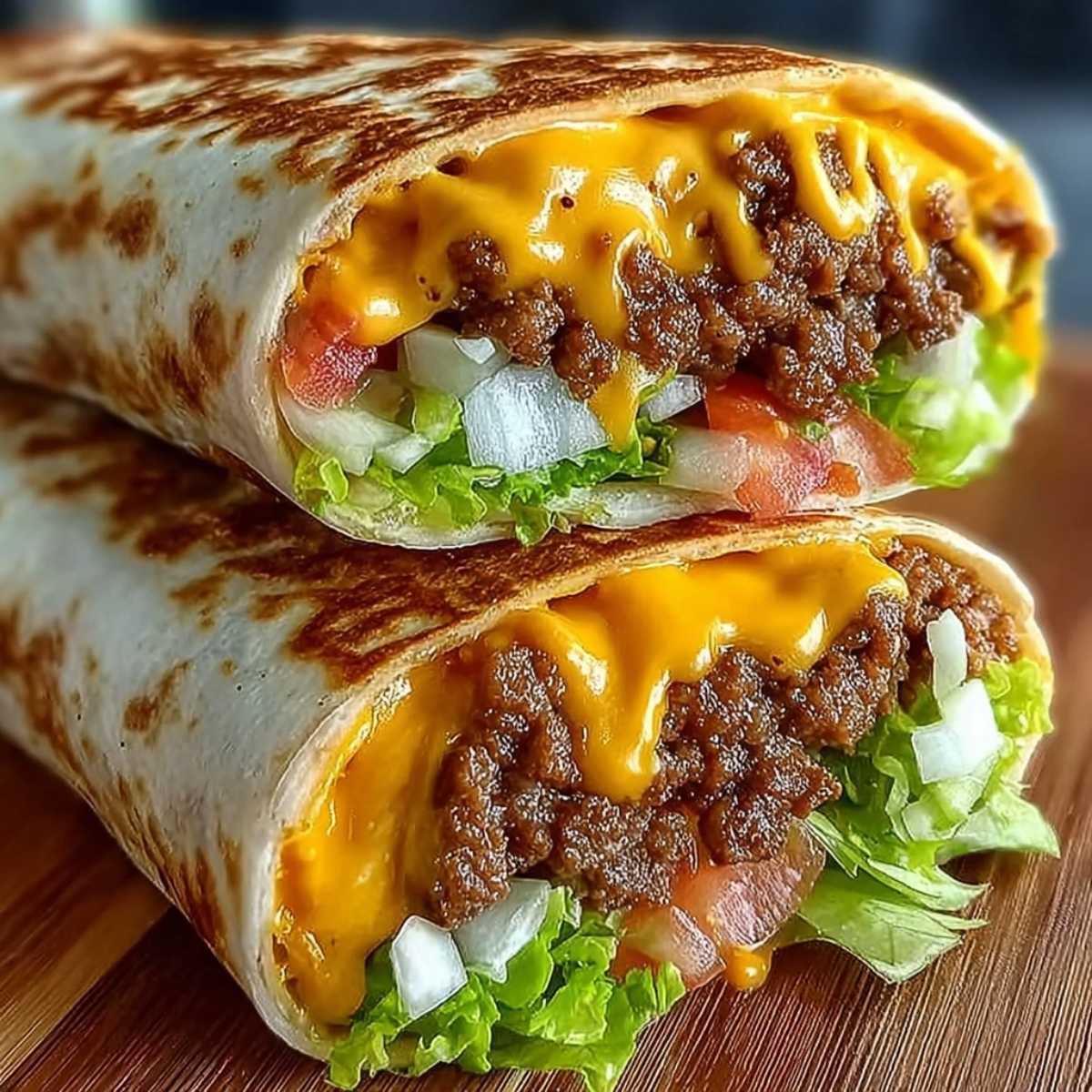 Intense close-up of a Homemade Big Mac Crunchwrap cut in half, showing golden toasted tortilla, melted cheese dripping over seasoned beef, and fresh lettuce.
