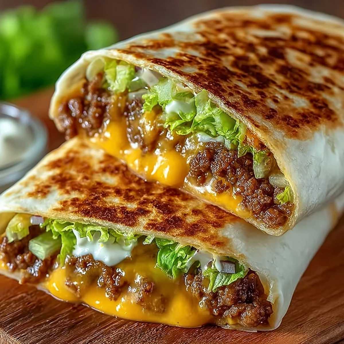 Homemade Big Mac Crunchwrap cut in half, showcasing its golden crispy tortilla, melted cheese, seasoned beef, and fresh lettuce inside