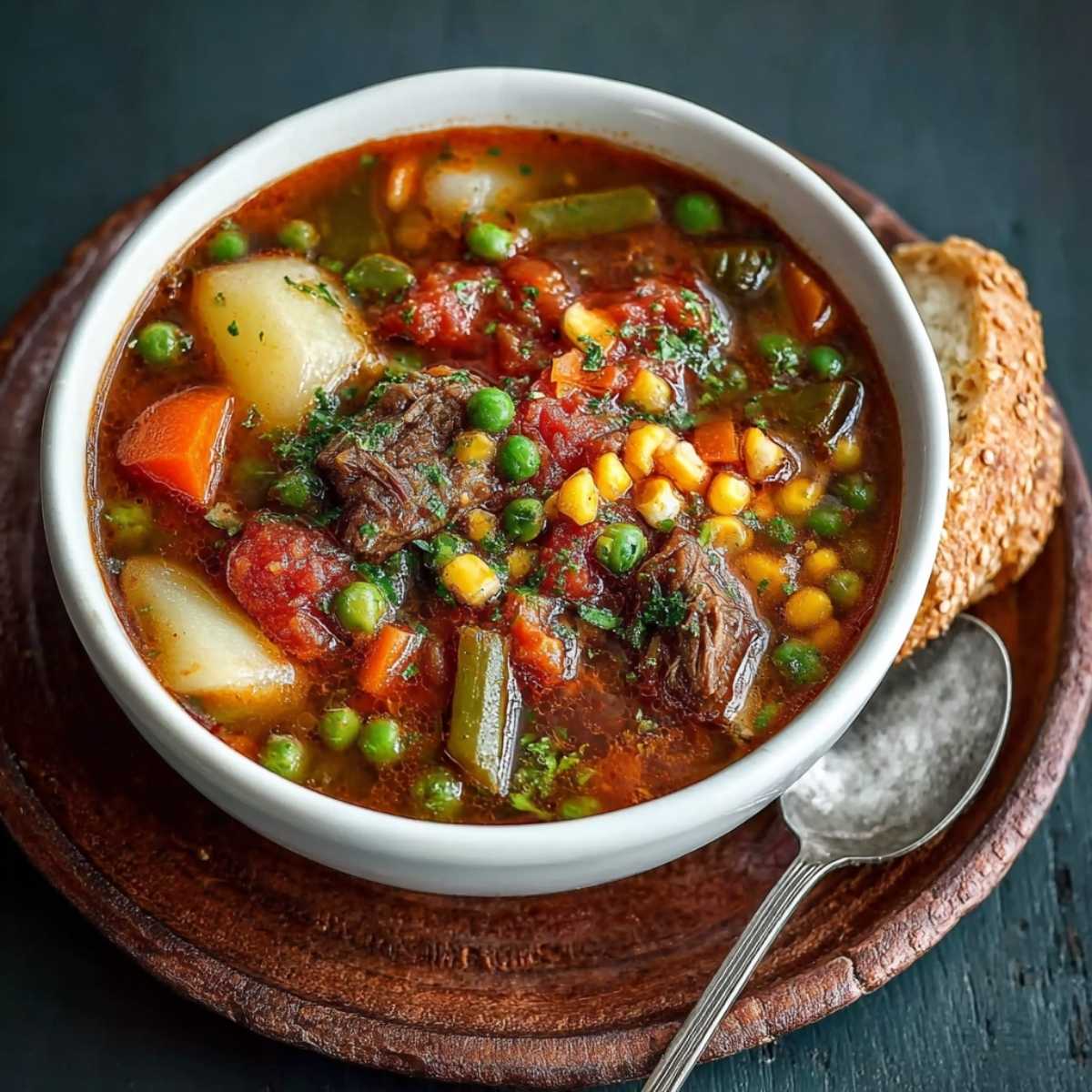 Close-up of homemade Vegetable Beef Soup in a white bowl, loaded with corn, peas, and tender beef, served with crusty bread.