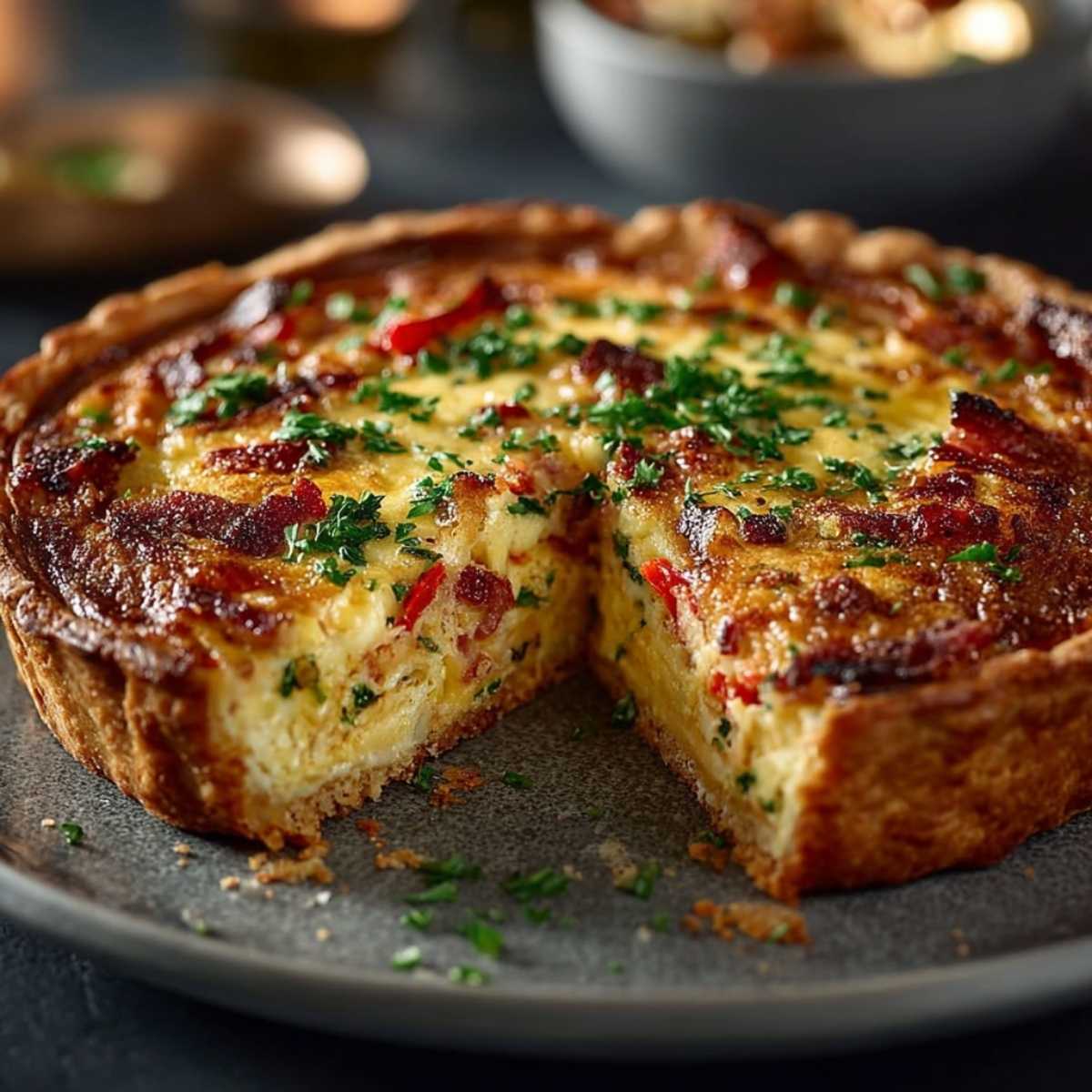 A golden-baked Ina Garten Bacon Potato Frittata with a slice removed, showing the fluffy egg and potato interior, topped with crispy bacon pieces and chopped herbs on a dark plate