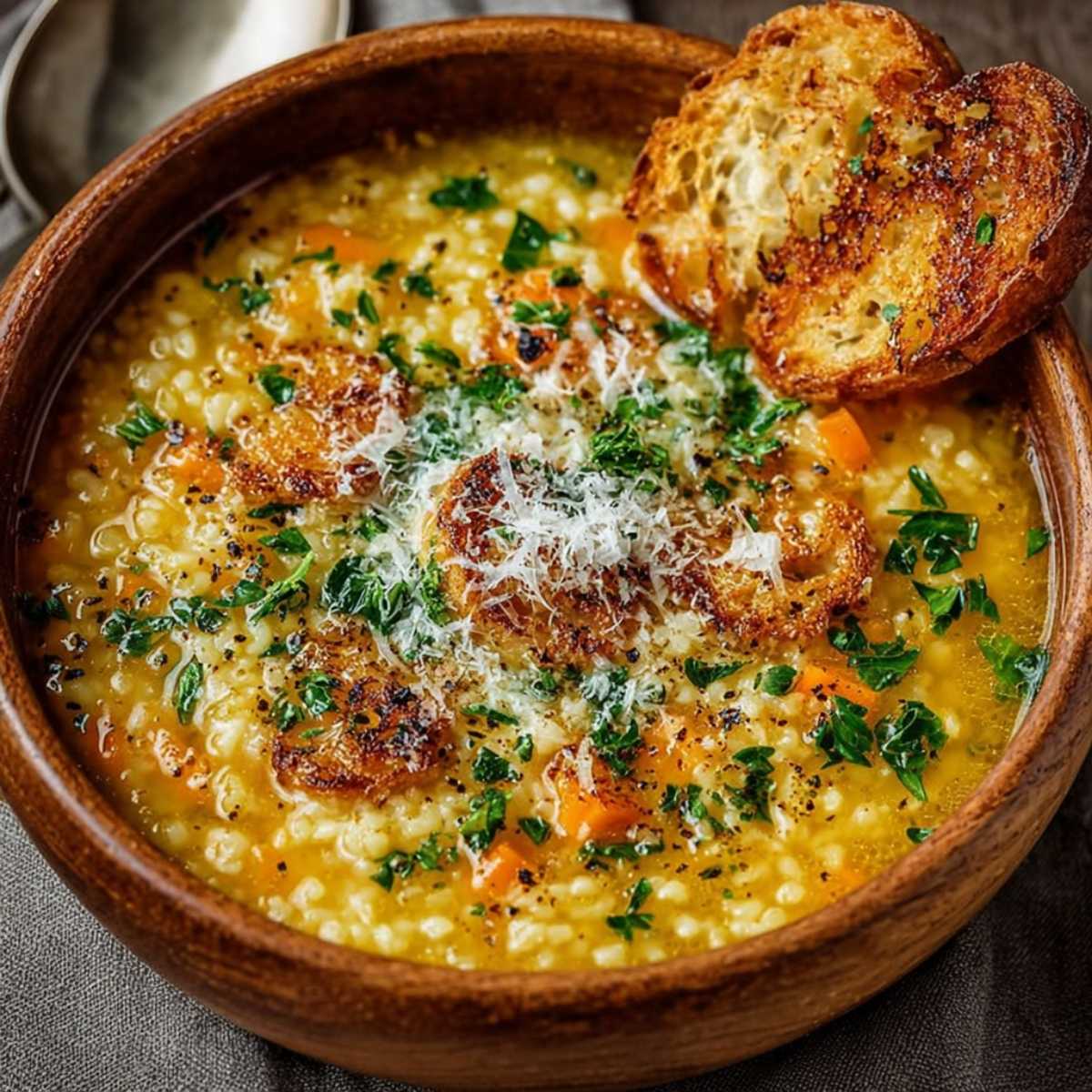 Close-up of Italian Penicillin Soup in a wooden bowl, topped with grated parmesan, fresh chopped parsley, and a slice of crispy toasted bread on the rim
