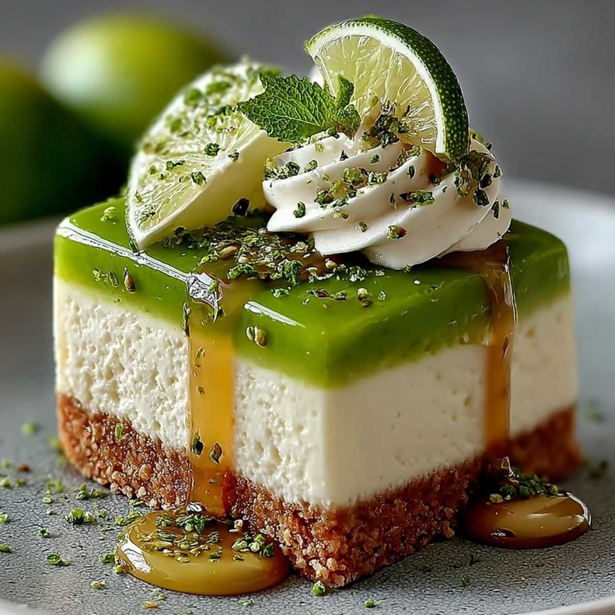 Easy Lime Mousse Cheesecake 10 Close-up of a lime mousse cheesecake slice showing its creamy white texture and vibrant green top layer, garnished with whipped cream on a modern grey plate