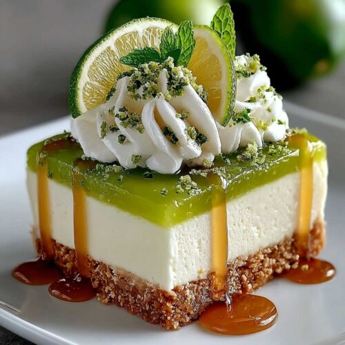 Easy Lime Mousse Cheesecake 3 Slice of easy lime mousse cheesecake on a white plate, showcasing its vibrant green mousse layer, creamy filling, and gingersnap crust