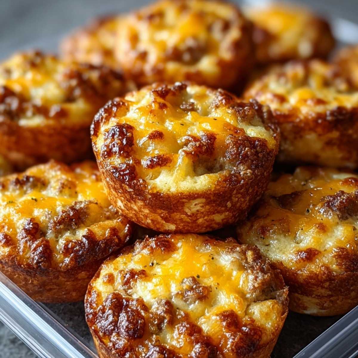 Golden brown pancake sausage mini muffins topped with melted cheese and crumbled sausage packed in a plastic meal prep container.