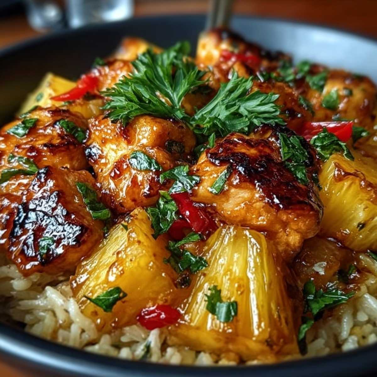 Easy Pineapple Chicken and Rice 10 Close-up of Pineapple Chicken and Rice in a blue bowl showing the glossy glazed chicken and pineapple chunks, garnished with cilantro and red chili.