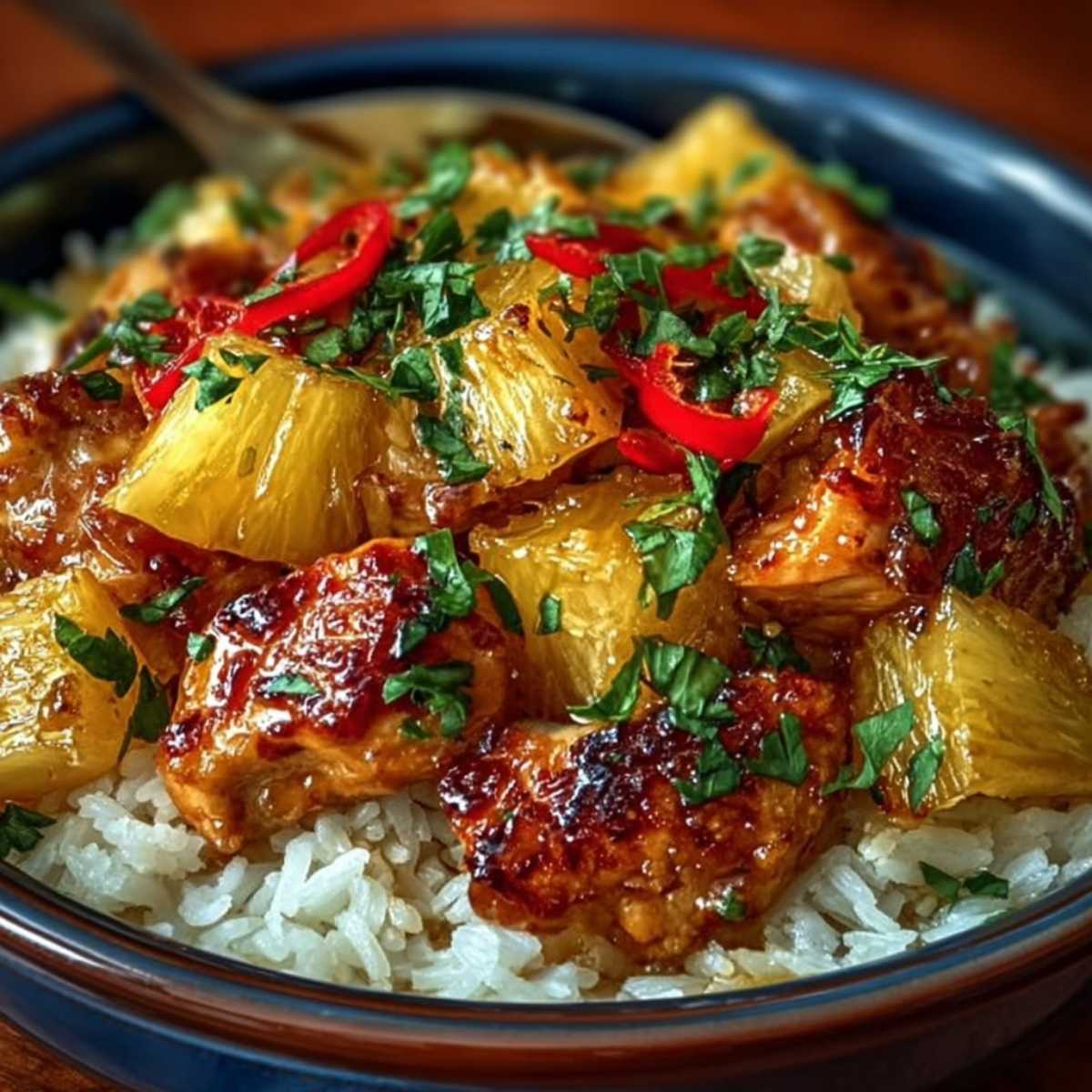 Easy Pineapple Chicken and Rice 9 Pineapple Chicken and Rice on a modern marble countertop, showcasing its glossy glaze and visible pineapple chunks and chicken.