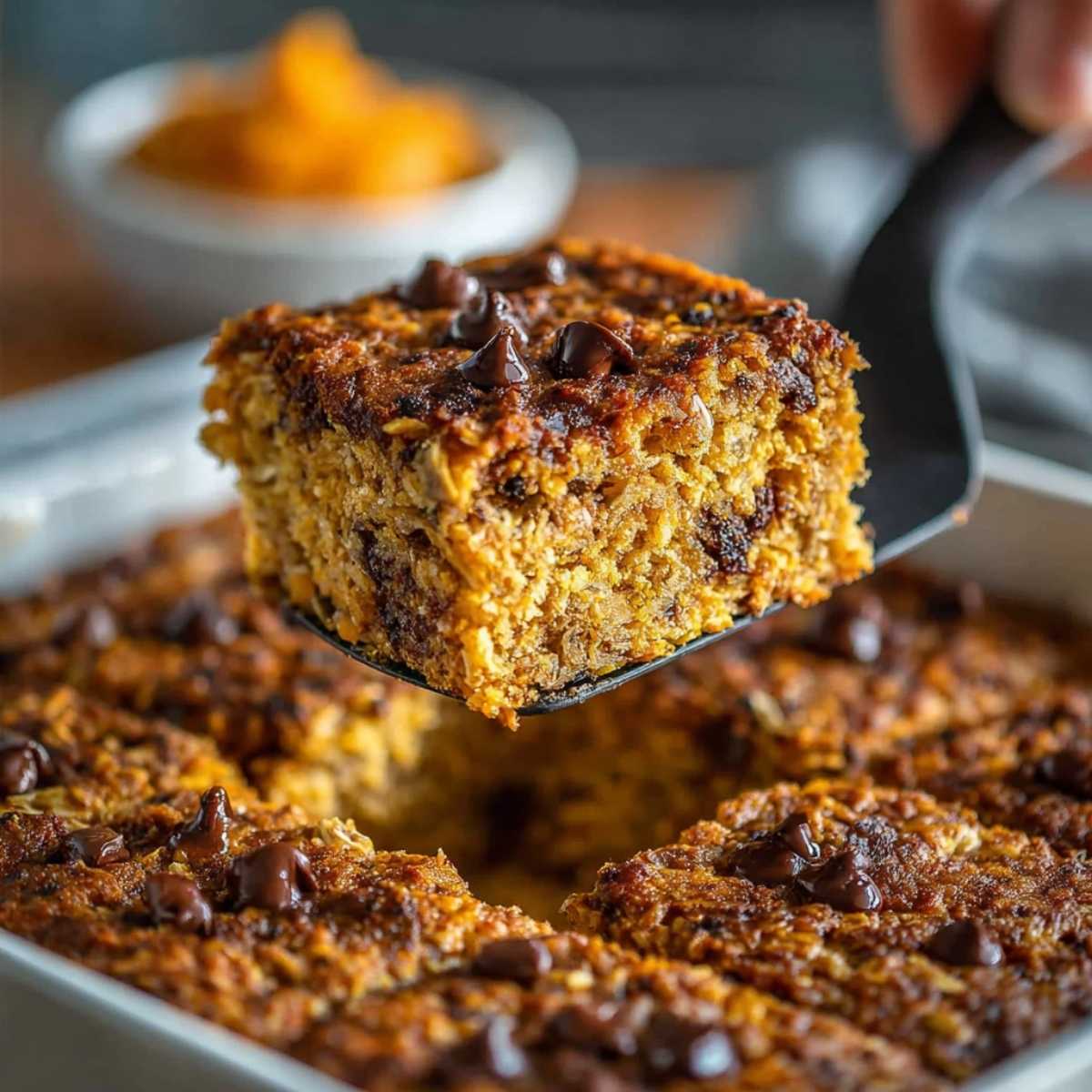 Close-up of a warm pumpkin baked oatmeal slice with melted chocolate chips being lifted by a black spatula, with a bowl of pumpkin puree in the blurred background