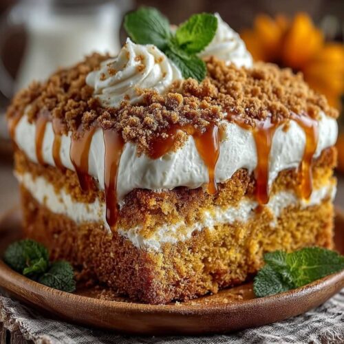 Pumpkin Better Than Sex Cake on a wooden plate, showcasing its caramel drizzle, whipped cream layers, and golden crumb topping.