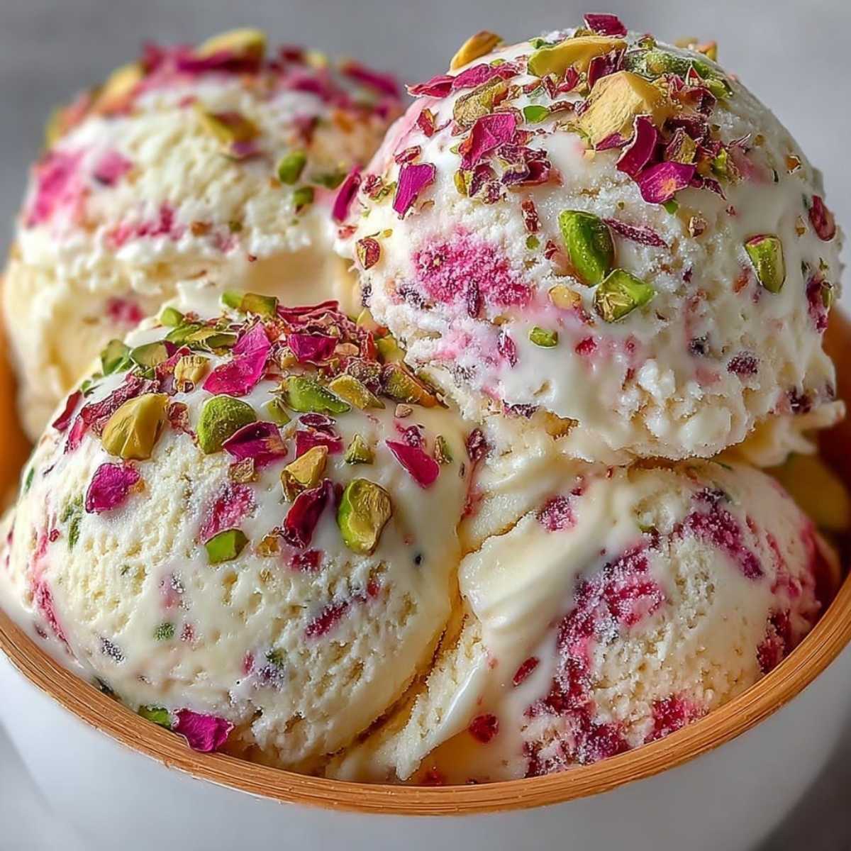 Easy Rose Pistachio Cheesecake Ice Cream 10 Close-up of Rose Pistachio Cheesecake Ice Cream showing creamy swirl texture and blush pink streaks, garnished with pistachios and rose petals in a white bowl.