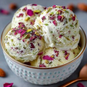 Easy Rose Pistachio Cheesecake Ice Cream 12 Rose Pistachio Cheesecake Ice Cream on a modern marble countertop, showcasing its creamy texture topped with crushed pistachios and rose petals.