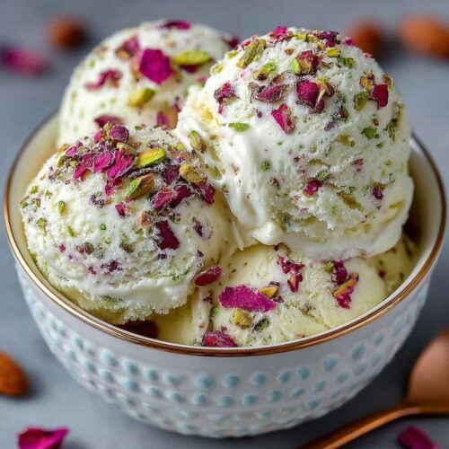 Rose Pistachio Cheesecake Ice Cream on a modern marble countertop, showcasing its creamy texture topped with crushed pistachios and rose petals.
