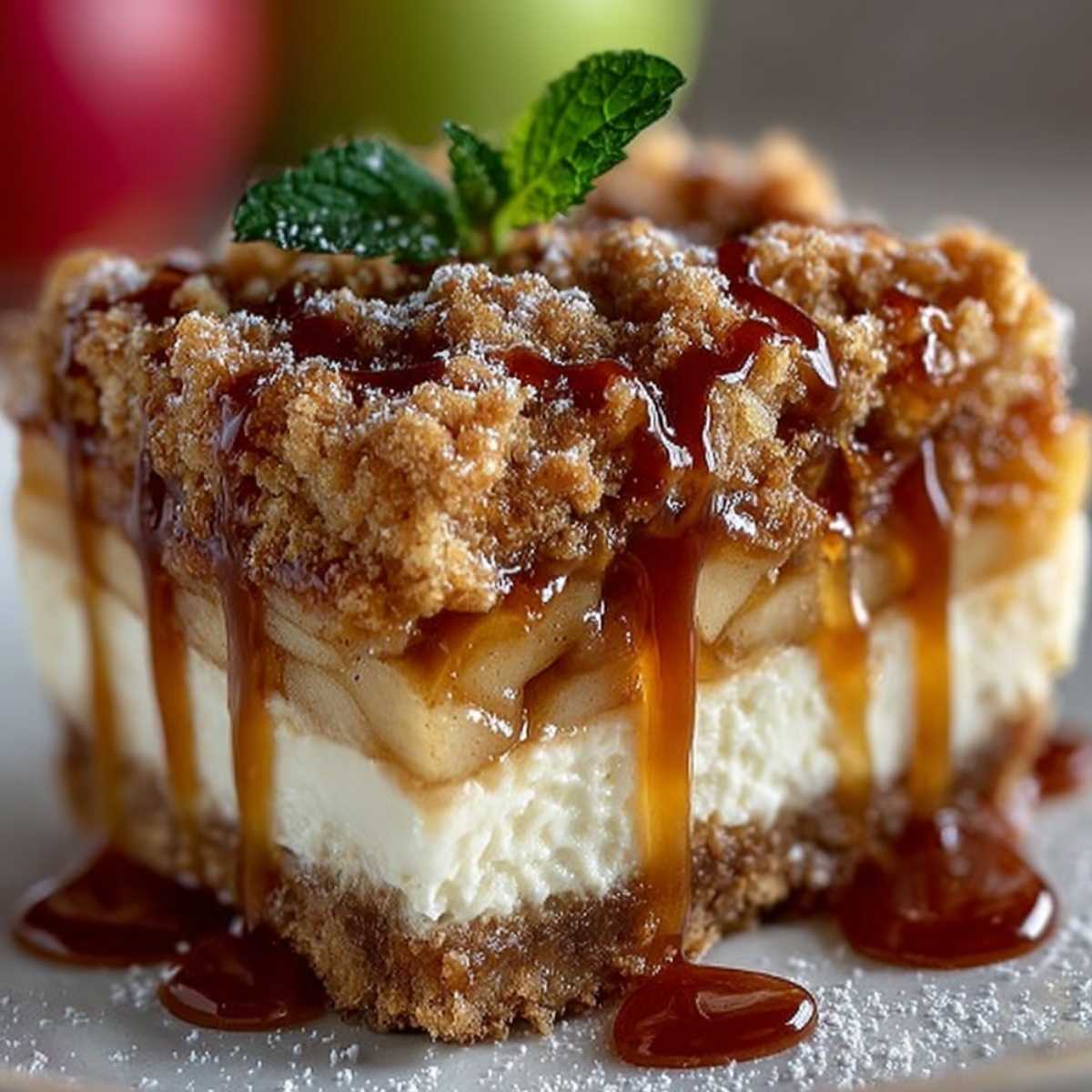 Easy Salted Caramel Apple Pie Cheesecake 10 Close-up of Salted Caramel Apple Pie Cheesecake showing thick apple layer, creamy filling, and streusel topping, garnished with caramel sauce