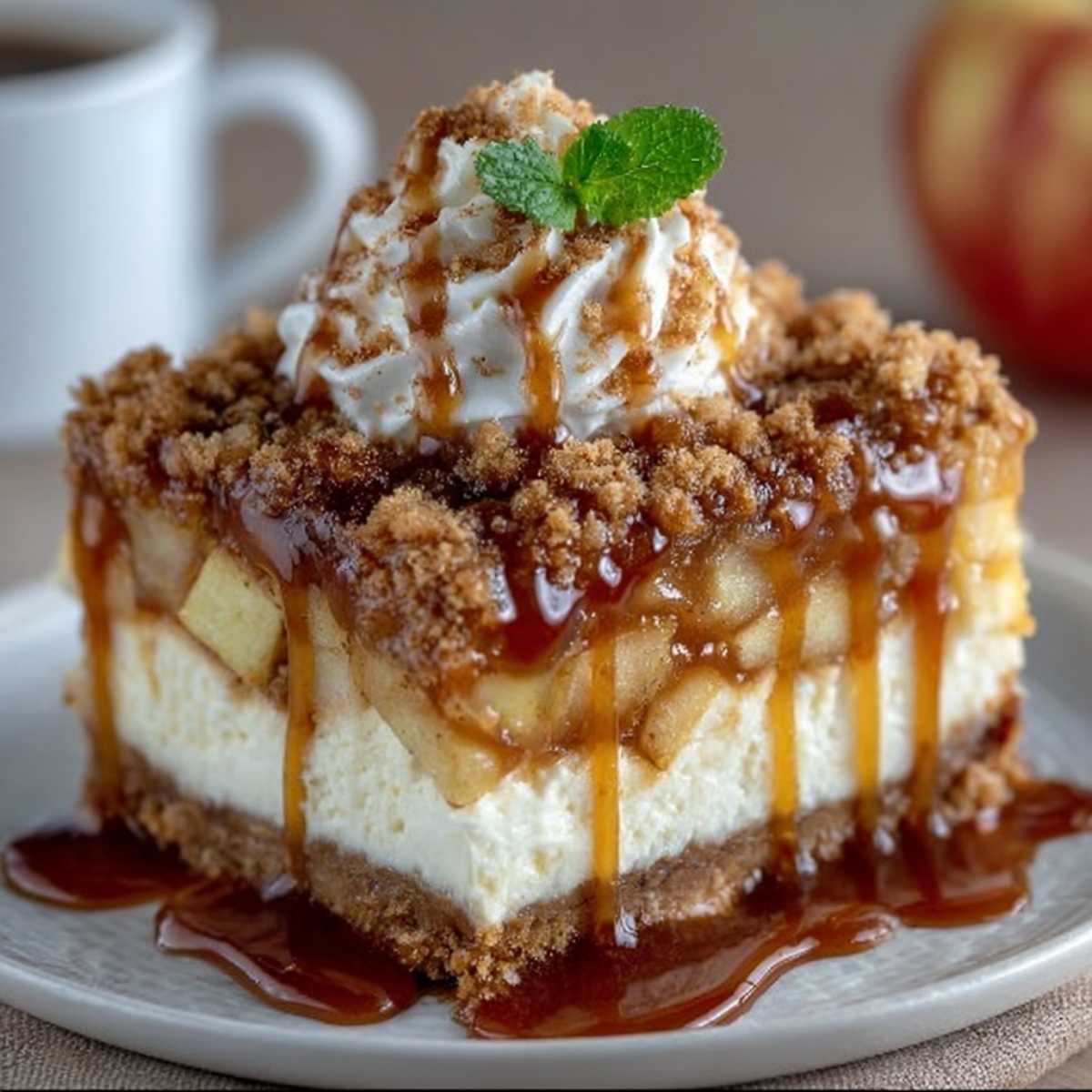 Easy Salted Caramel Apple Pie Cheesecake 9 Slice of Salted Caramel Apple Pie Cheesecake on a white plate, showcasing its creamy filling, apple layer, streusel topping, and caramel drizzle