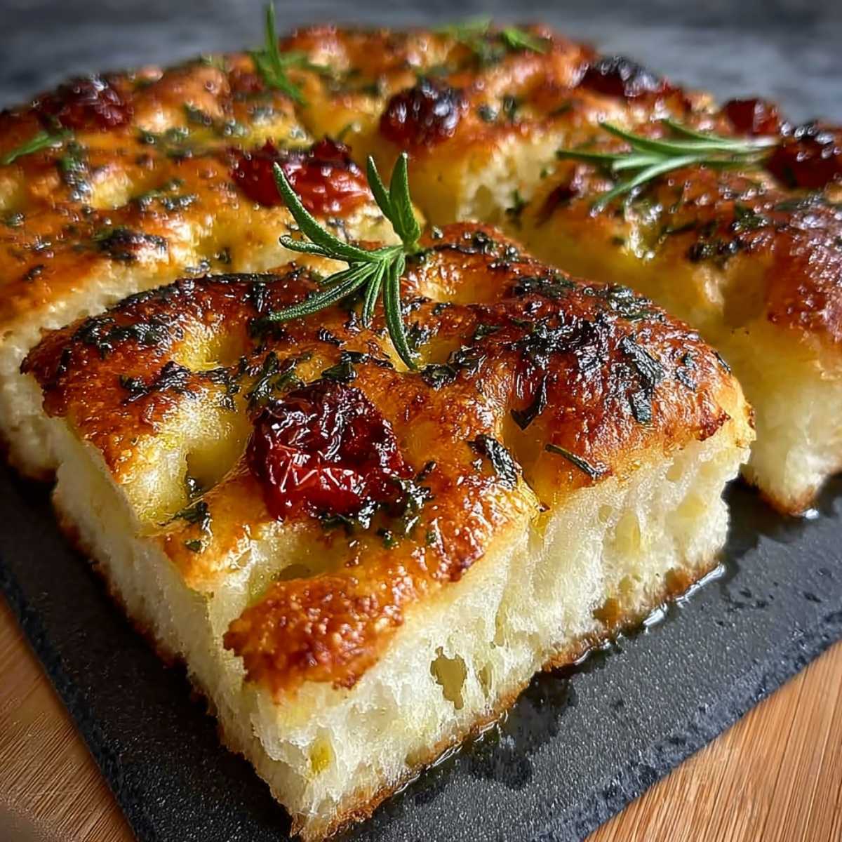 Easy Same Day Focaccia 11 Close-up of a square slice of Same Day Focaccia on a slate board, topped with roasted tomatoes and fresh rosemary, showing a fluffy airy crumb