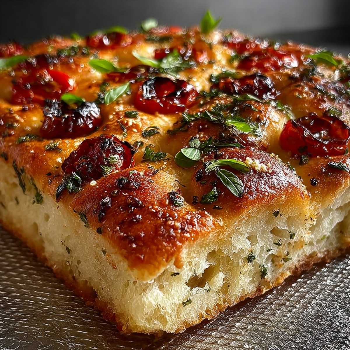 Easy Same Day Focaccia 9 Thick slice of Same Day Focaccia topped with blistered cherry tomatoes and fresh herbs, showing a fluffy, airy crumb texture