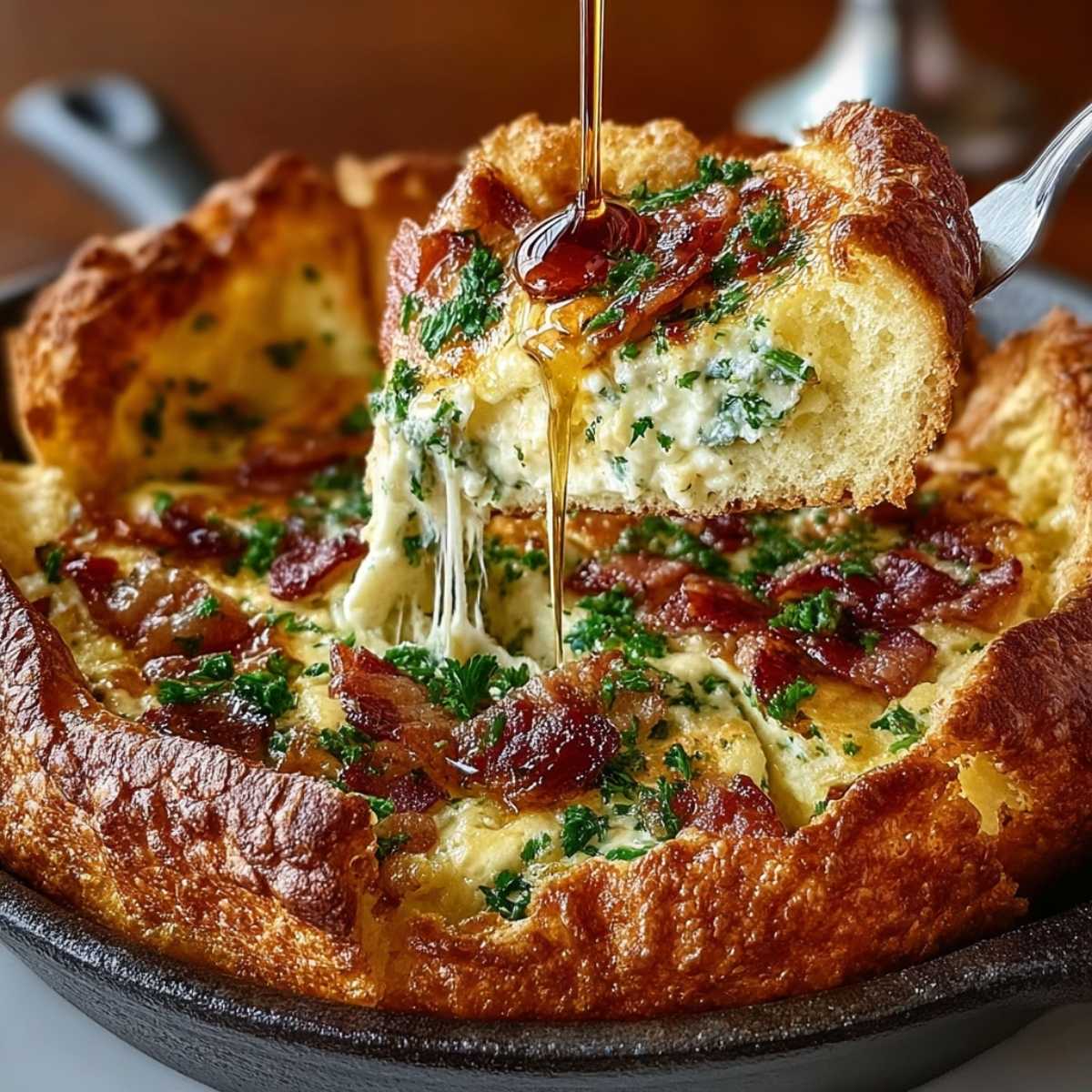A savory cheddar and bacon dutch baby in a skillet with a slice lifted, showing melted cheese pull and syrup drizzle.