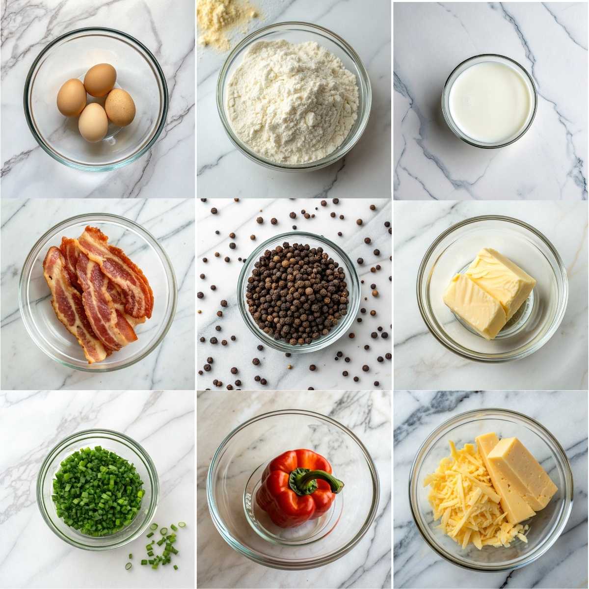 Easy Savory Cheddar and Bacon Dutch Baby 10 A 3x3 grid collage of ingredients for a Savory Dutch Baby, featuring eggs, flour, milk, cooked bacon strips, black peppercorns, butter, chopped chives, a red bell pepper, and shredded cheddar cheese