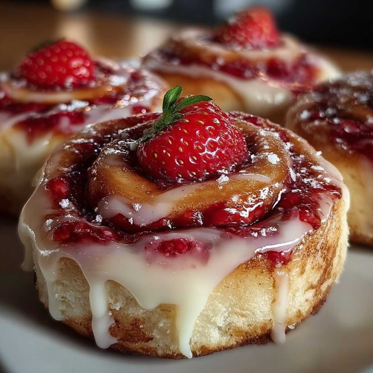Easy Strawberry Cheesecake Cinnabon Rolls 9 Close-up of Strawberry Cheesecake Cinnabon Rolls showing the fluffy baked dough, strawberry jam swirl, and cream cheese icing, topped with a fresh strawberry.