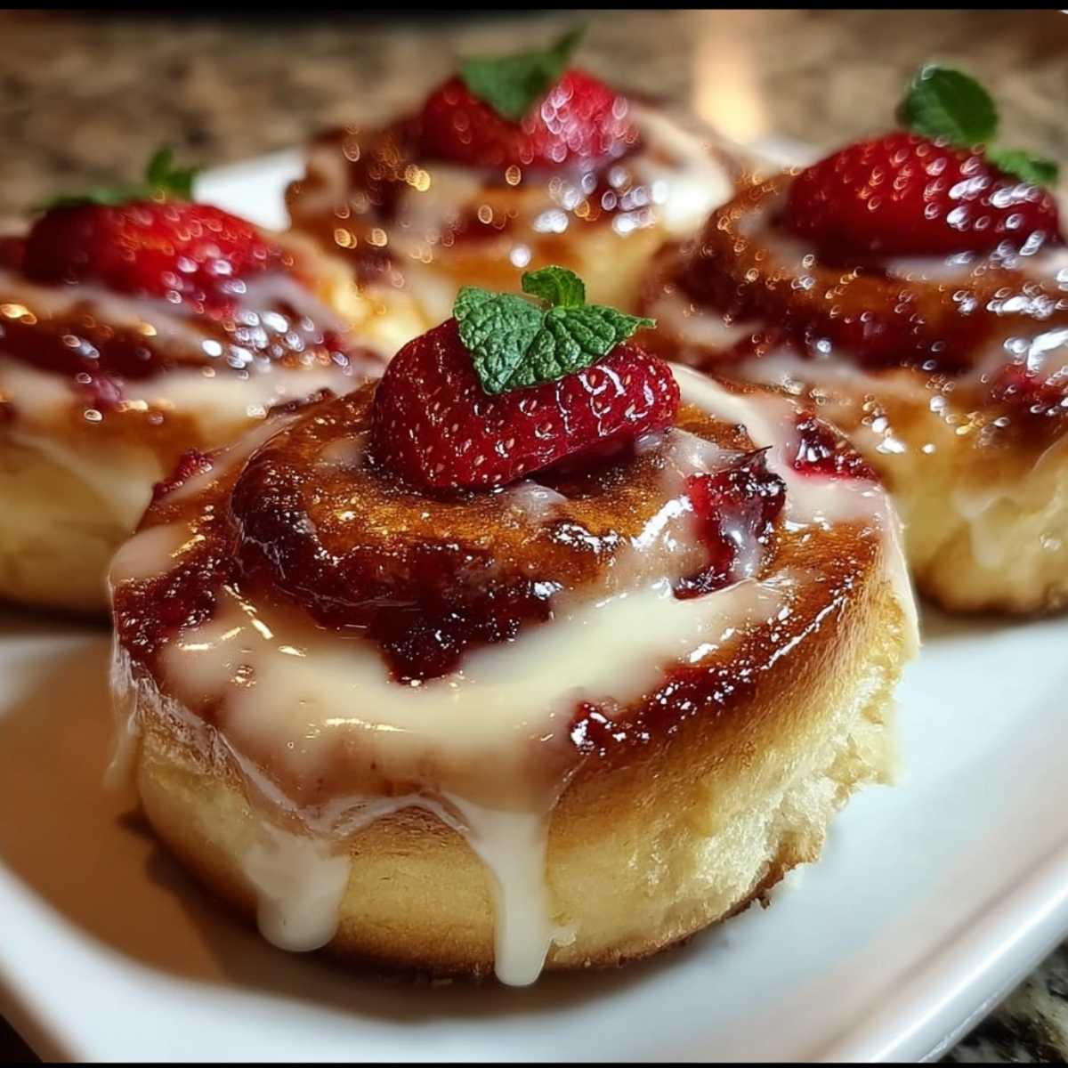 Easy Strawberry Cheesecake Cinnabon Rolls 10 Strawberry Cheesecake Cinnabon Rolls on a white plate, showcasing their fluffy texture, cream cheese frosting, and fresh strawberry topping.
