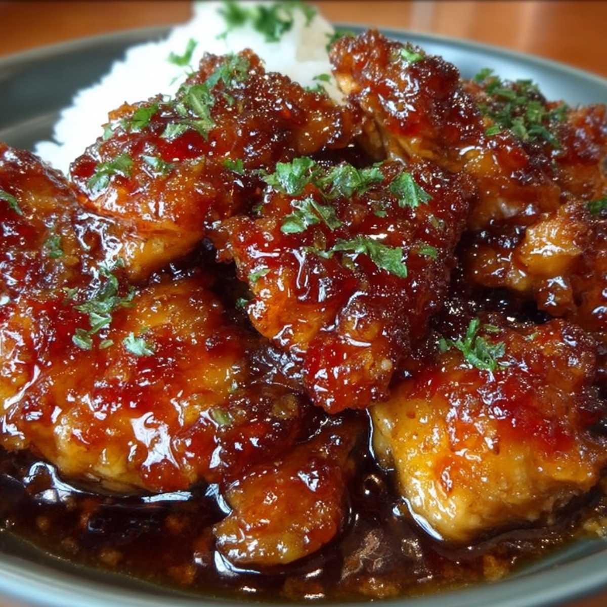 Easy Sweet Hawaiian Crockpot Chicken 10 Close-up of Sweet Hawaiian Crockpot Chicken showing sticky pineapple brown sugar glaze and caramelized edges, garnished with parsley on rice.