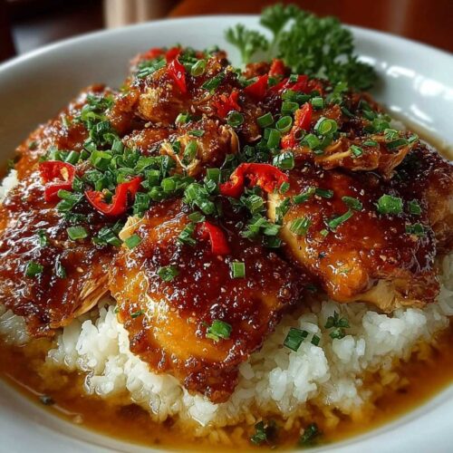 Sweet Hawaiian Crockpot Chicken on a bed of white rice, topped with glossy pineapple brown sugar sauce, fresh chives, and red pepper slices.