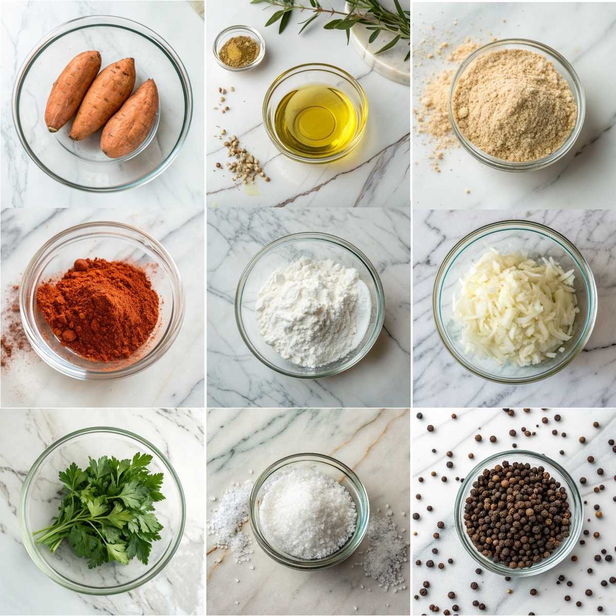 Savory Sweet Potato Hash Browns 10 A 3x3 grid collage of ingredients for Sweet Potato Hash Browns: sweet potatoes, oil, flour, spices, onion, and parsley on marble