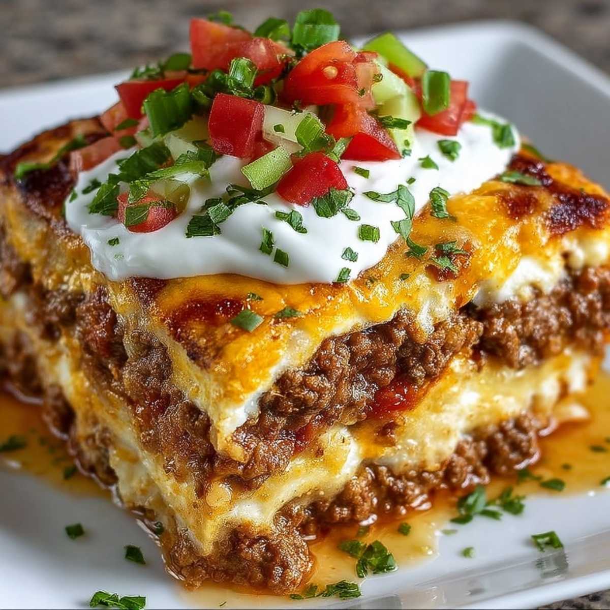 Easy Taco Lasagna Recipe 9 Easy Taco Lasagna on a modern white plate, showcasing its cheesy beef layers with melted cheddar, sour cream topping, and fresh tomato garnish.