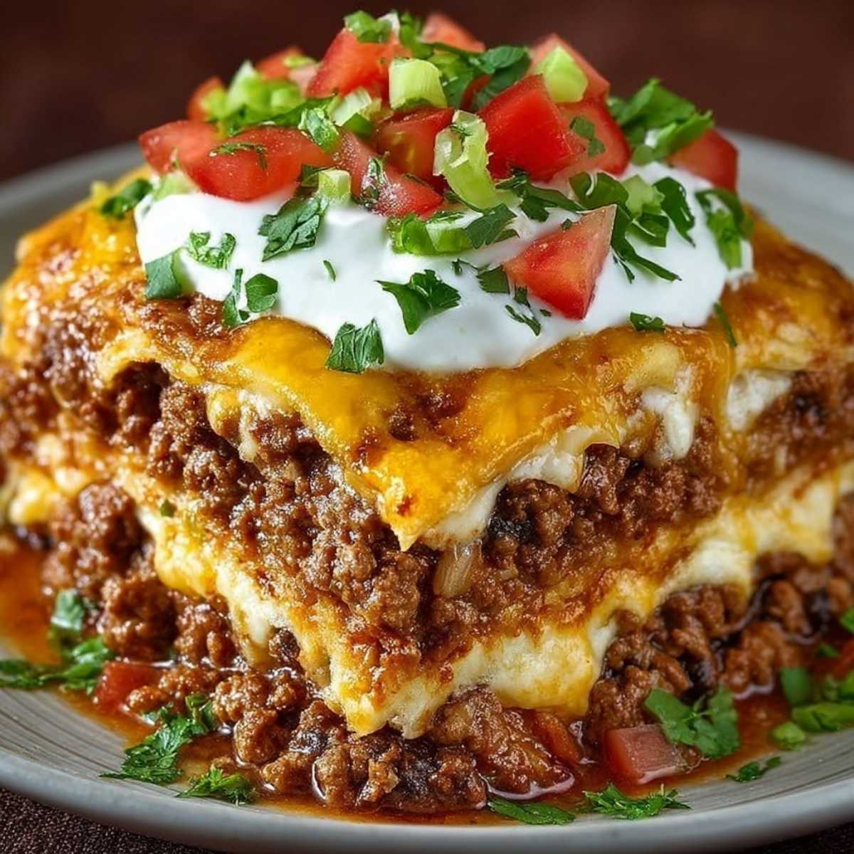 Easy Taco Lasagna Recipe 12 Close-up of Easy Taco Lasagna showing rich beef layers, golden melted cheese, and sour cream topping garnished with diced tomatoes and cilantro on a plate.