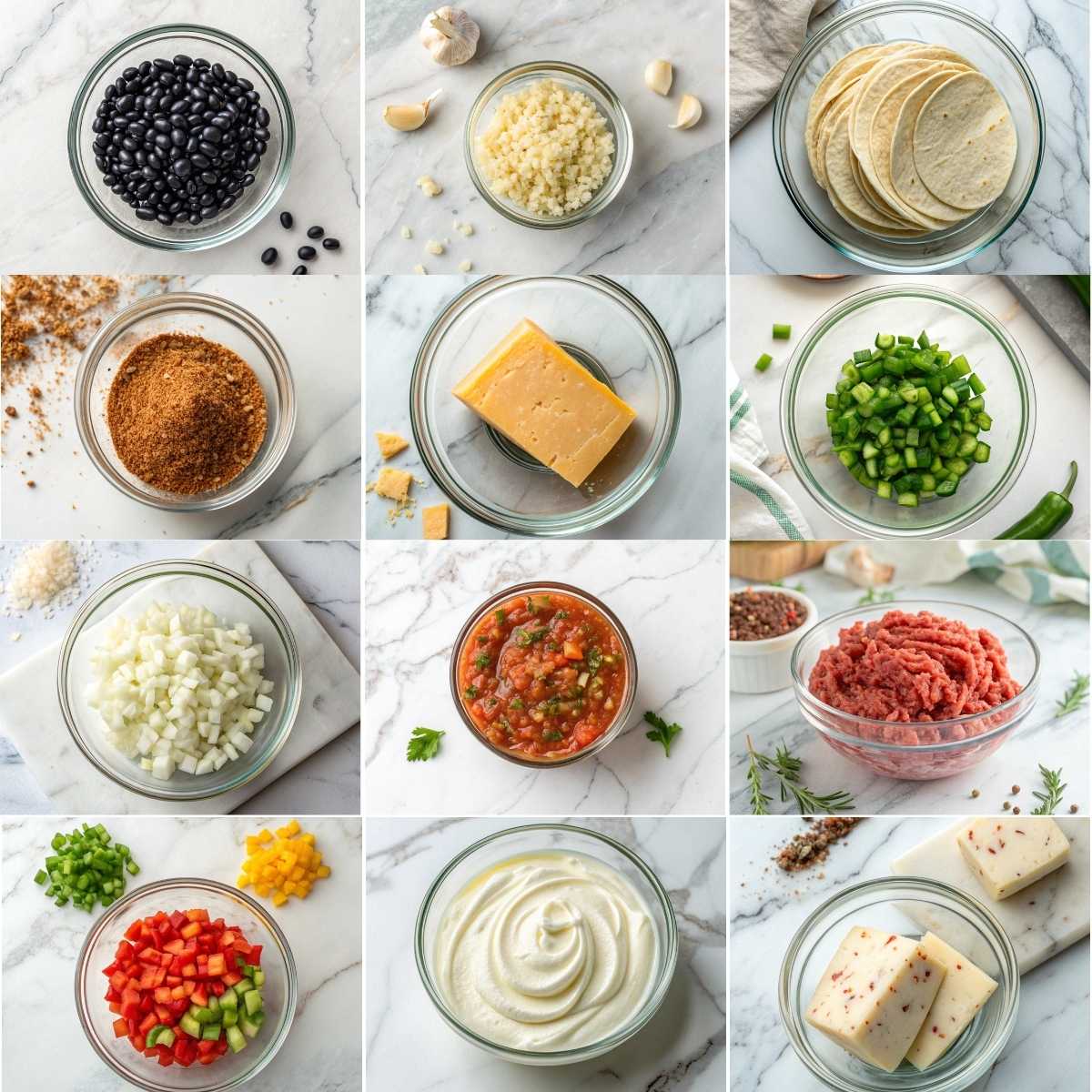 Easy Taco Lasagna Recipe 10 Fresh ingredients for Easy Taco Lasagna including black beans, cheddar cheese, diced onions, tortillas, salsa, and sour cream arranged on a light marble surface.