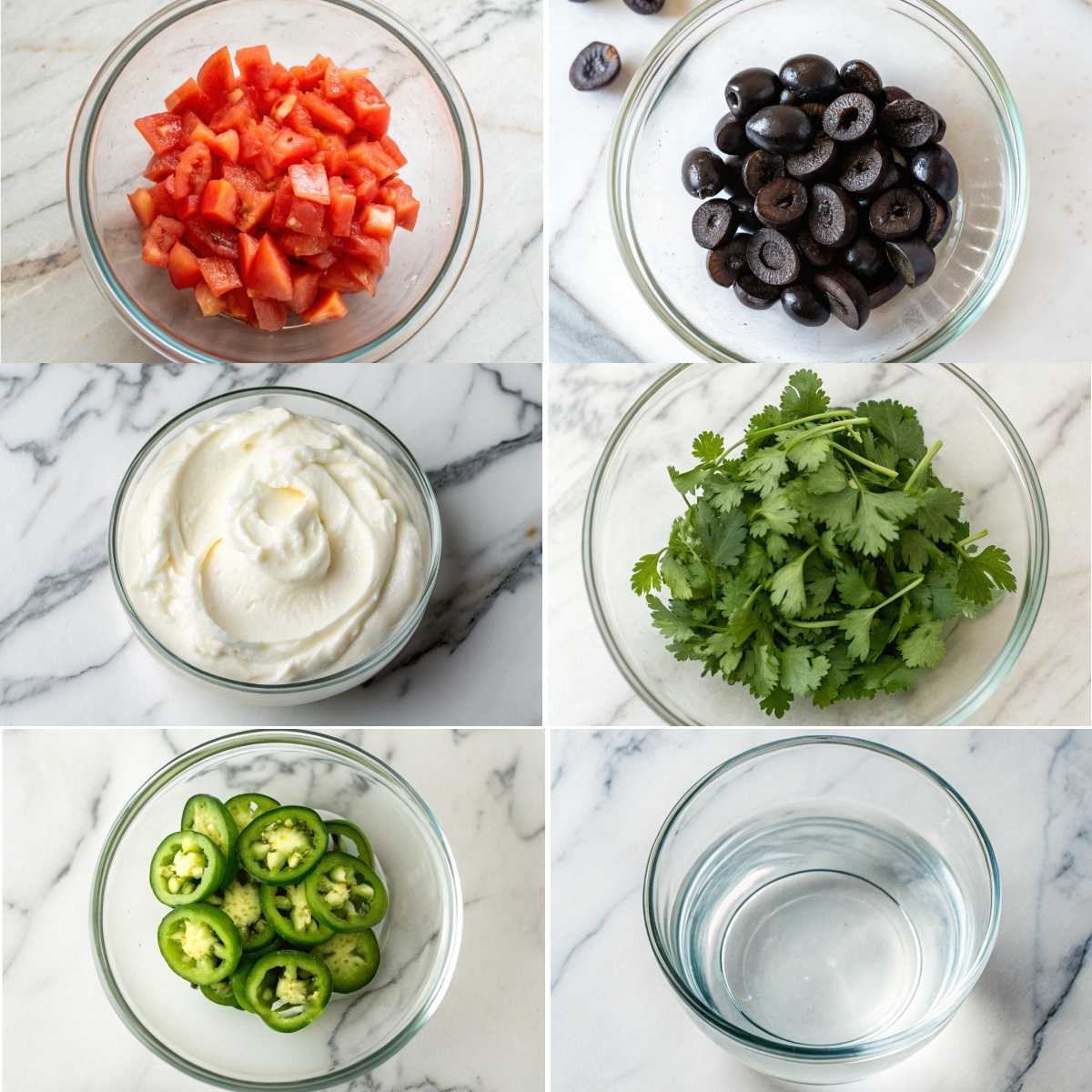 Easy Taco Lasagna Recipe 11 Fresh toppings for Easy Taco Lasagna including chopped tomatoes, sliced jalapeños, black olives, sour cream, and cilantro arranged on a marble surface.