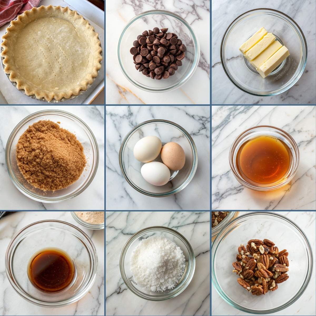 Easy Texas Chocolate Pecan Pie 10 Ingredients for Texas Chocolate Pecan Pie including a pie crust, chocolate chips, eggs, and pecans arranged in bowls on a marble surface