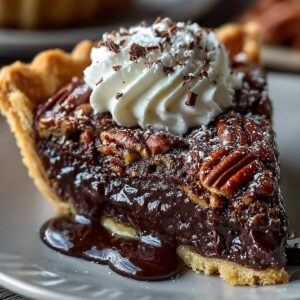 Easy Texas Chocolate Pecan Pie 13 A slice of Texas Chocolate Pecan Pie on a white plate, showcasing its gooey chocolate filling with pecans and whipped cream.