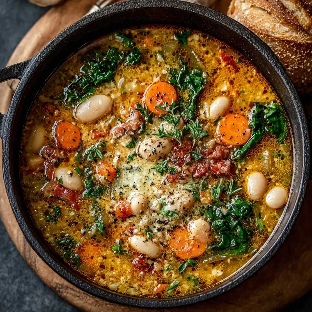 Close-up of Tuscan White Bean Soup in a rustic bowl, featuring tender white cannellini beans, browned Italian sausage, carrots, and fresh kale in a golden savory broth.