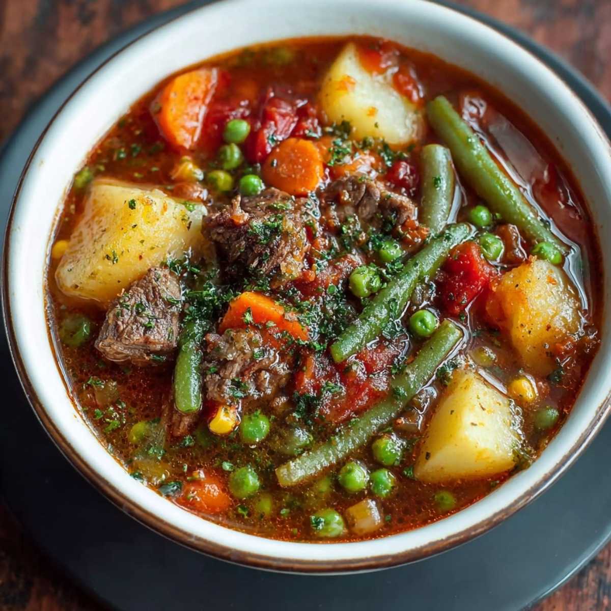 Top-down view of hearty Vegetable Beef Soup in a white bowl, showcasing tender beef, potatoes, and green beans garnished with fresh parsley.