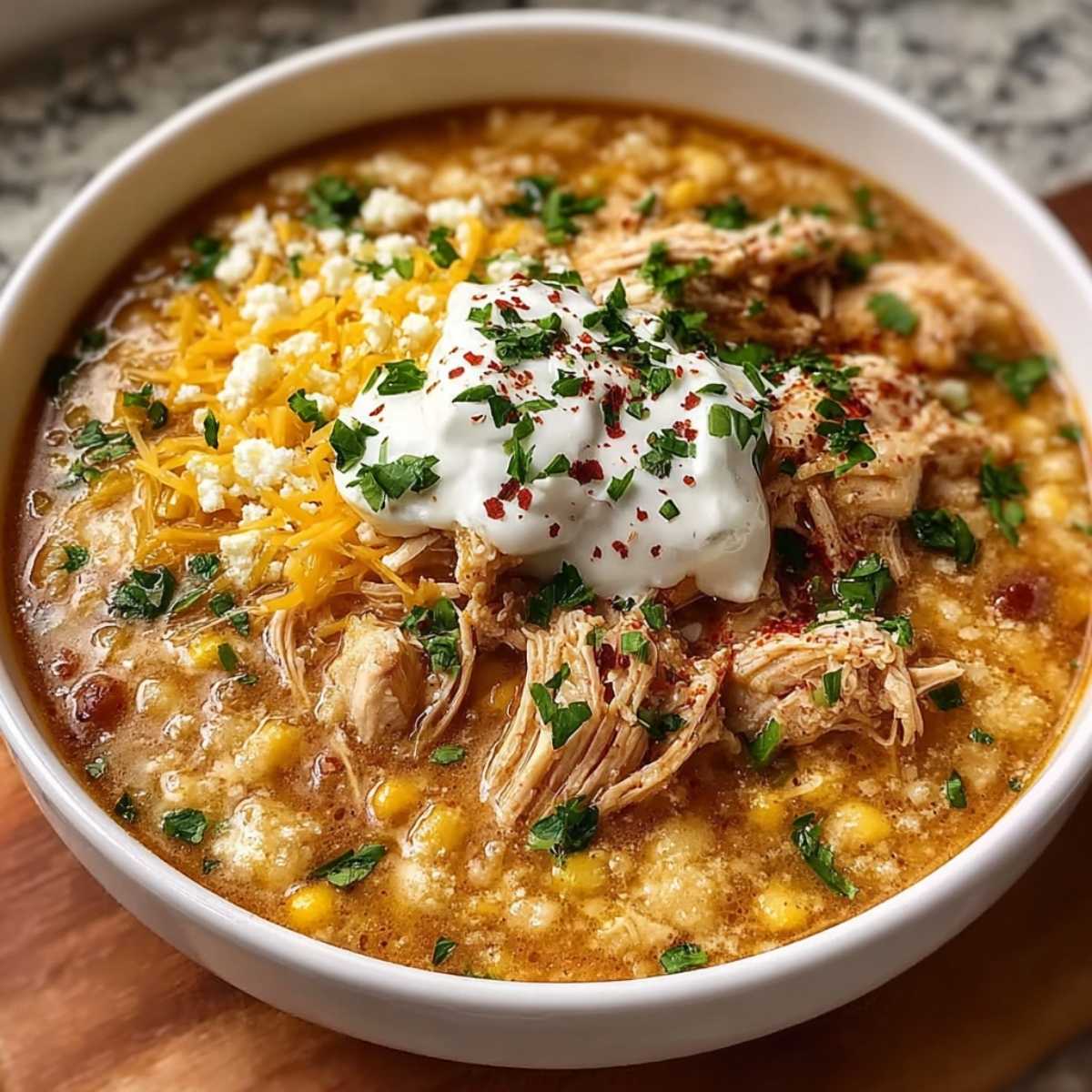 Close-up of a loaded bowl of white chicken chili topped with sour cream, cheddar cheese, crumbled cotija, fresh cilantro, and a sprinkle of chili flakes