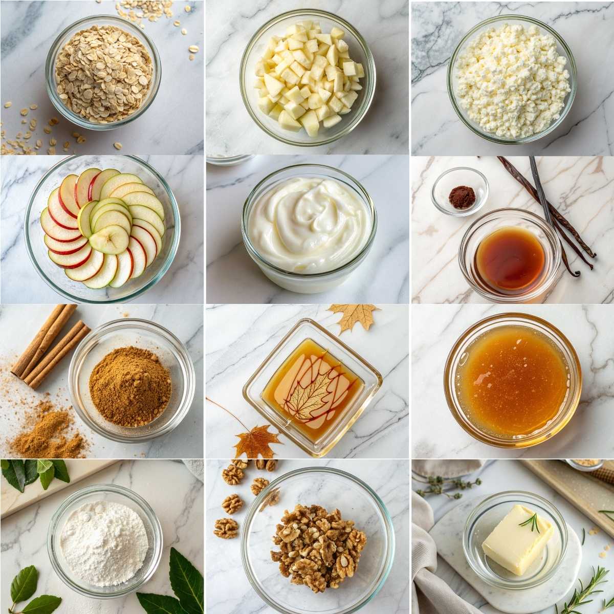 Easy Apple Cinnamon Cottage Cheese Bake 10 Grid collage of ingredients for Apple Cinnamon Cottage Cheese Bake, featuring bowls of rolled oats, diced apples, cottage cheese, cinnamon, maple syrup, and walnuts.