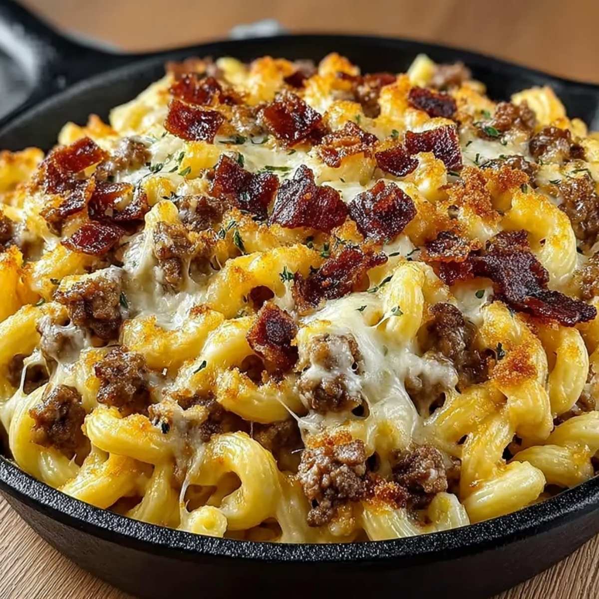 Bacon cheeseburger alfredo pasta in a cast iron skillet with creamy pasta, ground beef, melted cheese, and crispy bacon on top.