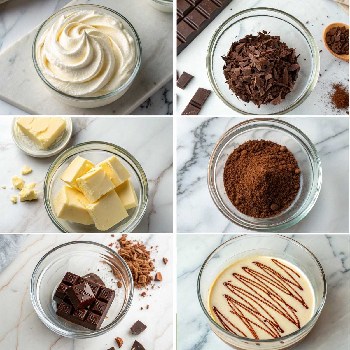 Easy Baileys Irish Cream Cheesecake 11 Fresh ingredients for Baileys cheesecake ganache and garnish including chocolate, heavy cream, butter, whipped cream, and Baileys drizzle.