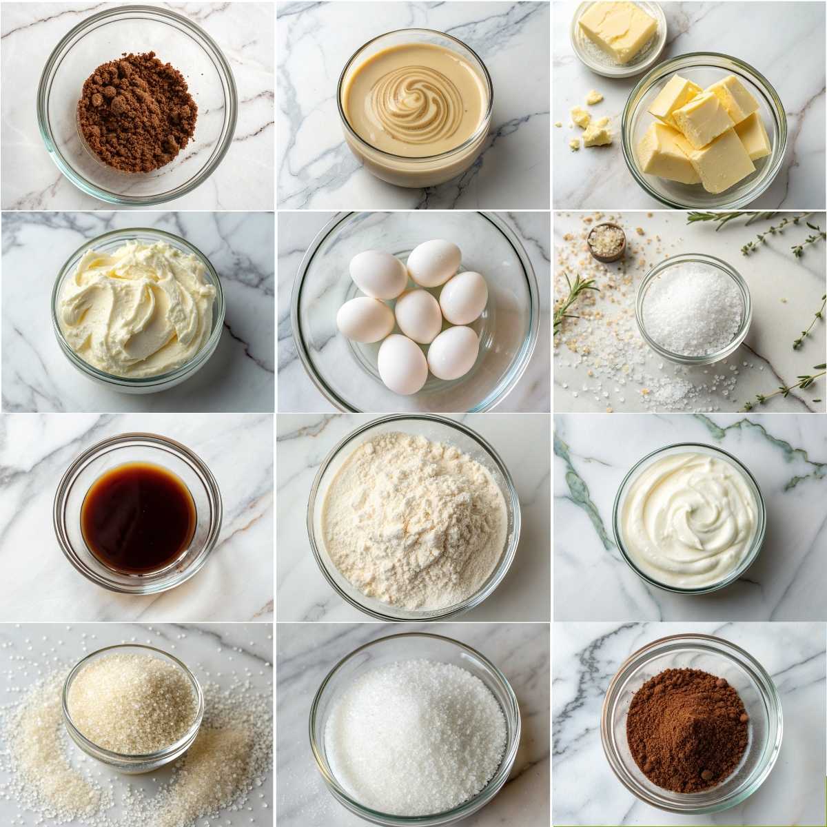 Easy Baileys Irish Cream Cheesecake 10 Fresh ingredients for Baileys Irish Cream Cheesecake including cream cheese, eggs, sugar, sour cream, vanilla, butter, and chocolate crumbs.