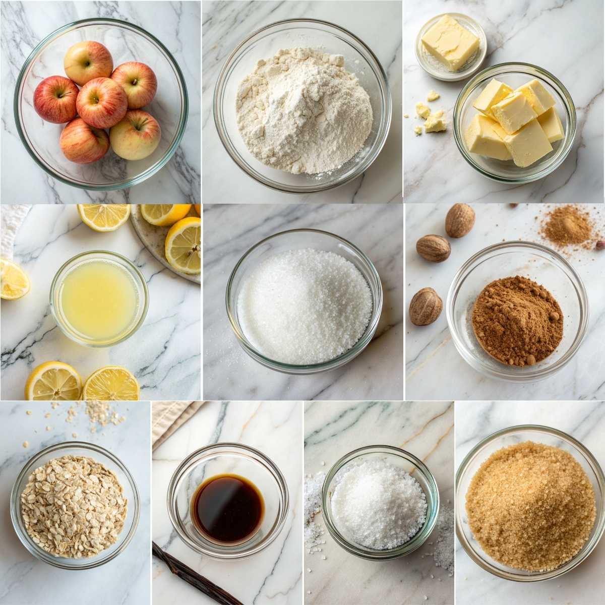 Easy Baked Apple Crumble 10 Fresh ingredients for baked apple crumble including apples, flour, oats, cinnamon, brown sugar, butter, lemon juice, and vanilla.