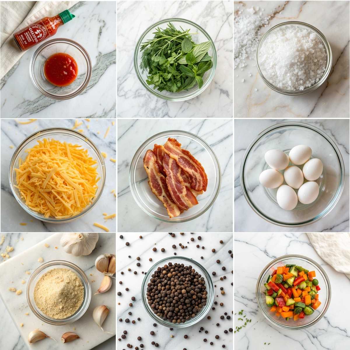Baked Cottage Cheese Eggs 10 Baked Cottage Cheese Eggs ingredients including eggs cottage cheese cheddar bacon herbs veggies garlic salt black pepper in bowls