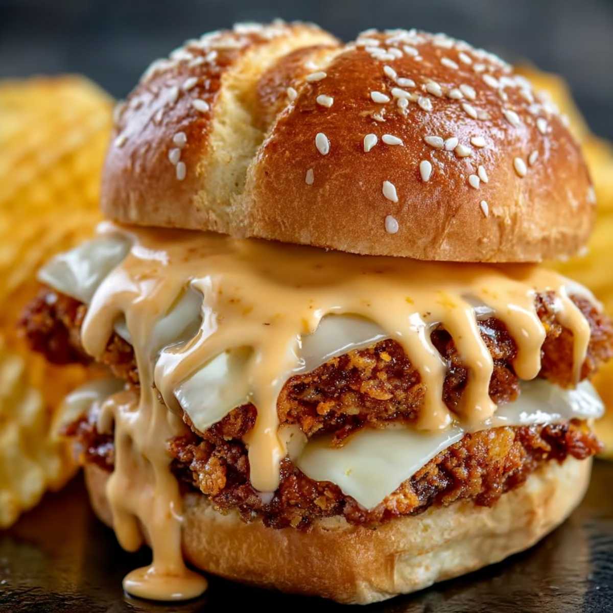 Easy Bang Bang Chicken Sliders 9 Bang bang chicken sliders with crispy fried chicken, melted mozzarella, and creamy sweet spicy sauce on sesame buns.