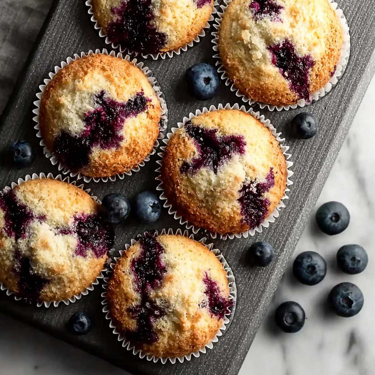 Blueberry Protein Muffins on a dark tray, showcasing their golden muffin tops and bursting blueberries