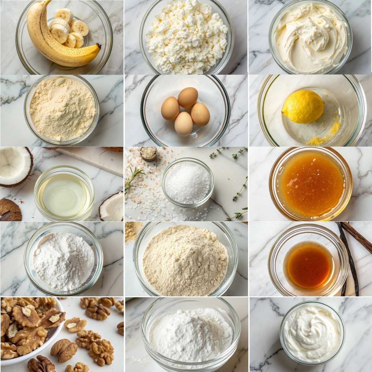 Best Blueberry Protein Muffins 10 Grid collage of ingredients for Blueberry Protein Muffins including bananas, cottage cheese, eggs, Greek yogurt, and flour in glass bowls