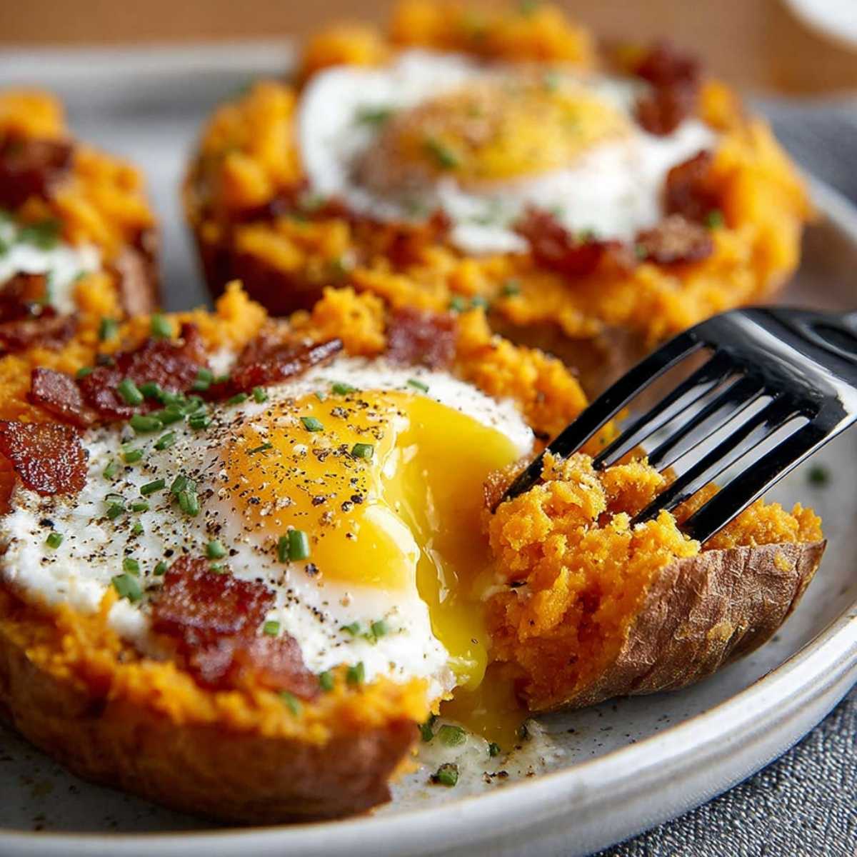 Close-up of a breakfast sweet potato stuffed with a sunny-side-up egg, crispy bacon, and herbs. A fork breaks the runny yolk