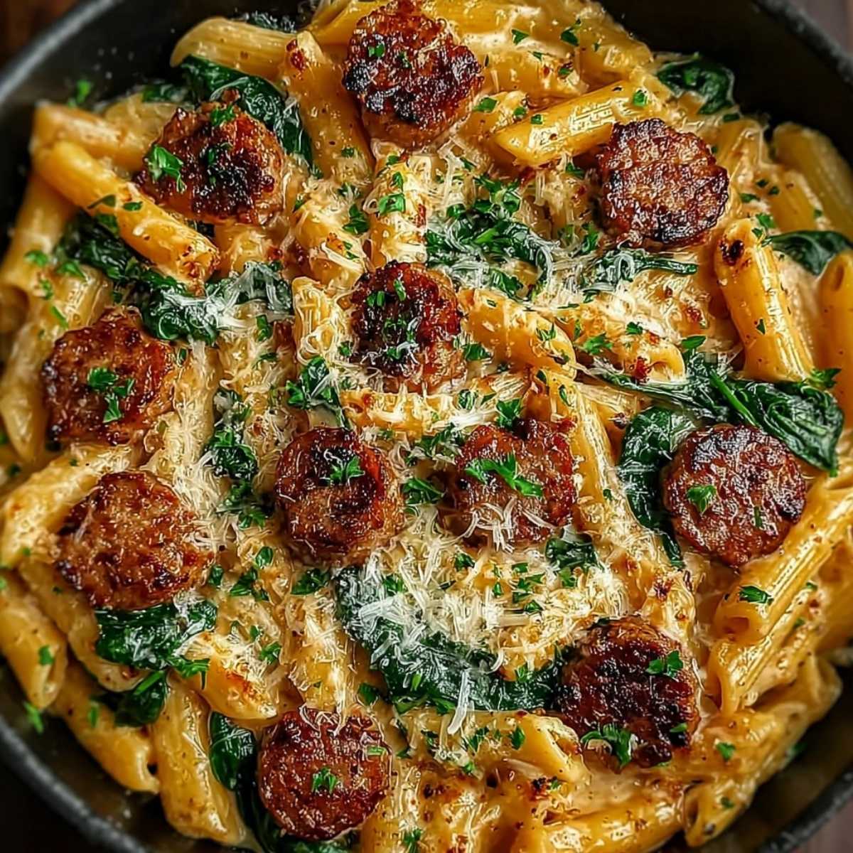 Cajun sausage pasta in a skillet with crispy andouille slices, penne pasta, creamy Cajun sauce, spinach, and Parmesan cheese.